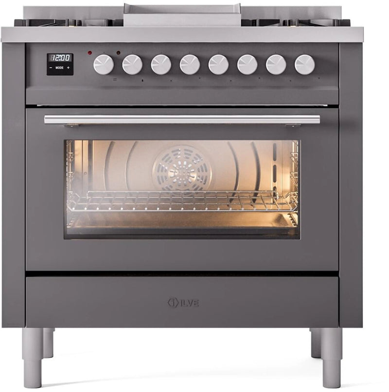 ILVE Professional Plus II 36-Inch Freestanding Dual Fuel Range with 6 Sealed Burner and Removable Griddle in Matte Graphite (UP36FWMPMG)