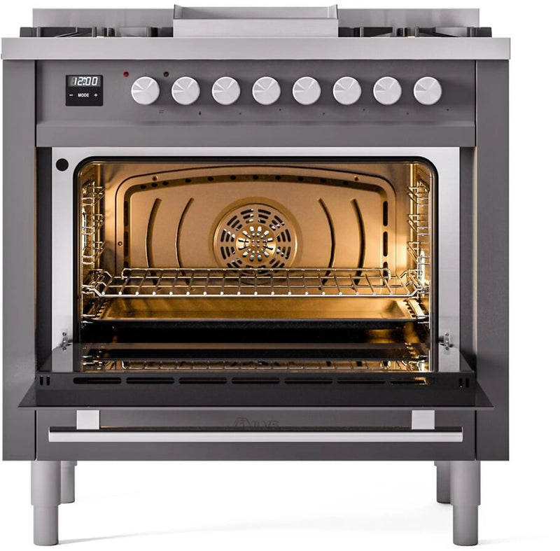 ILVE Professional Plus II 36-Inch Freestanding Dual Fuel Range with 6 Sealed Burner and Removable Griddle in Matte Graphite (UP36FWMPMG)