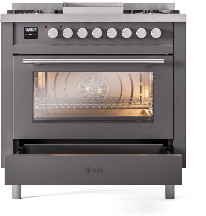 ILVE Professional Plus II 36-Inch Freestanding Dual Fuel Range with 6 Sealed Burner and Removable Griddle in Matte Graphite (UP36FWMPMG)