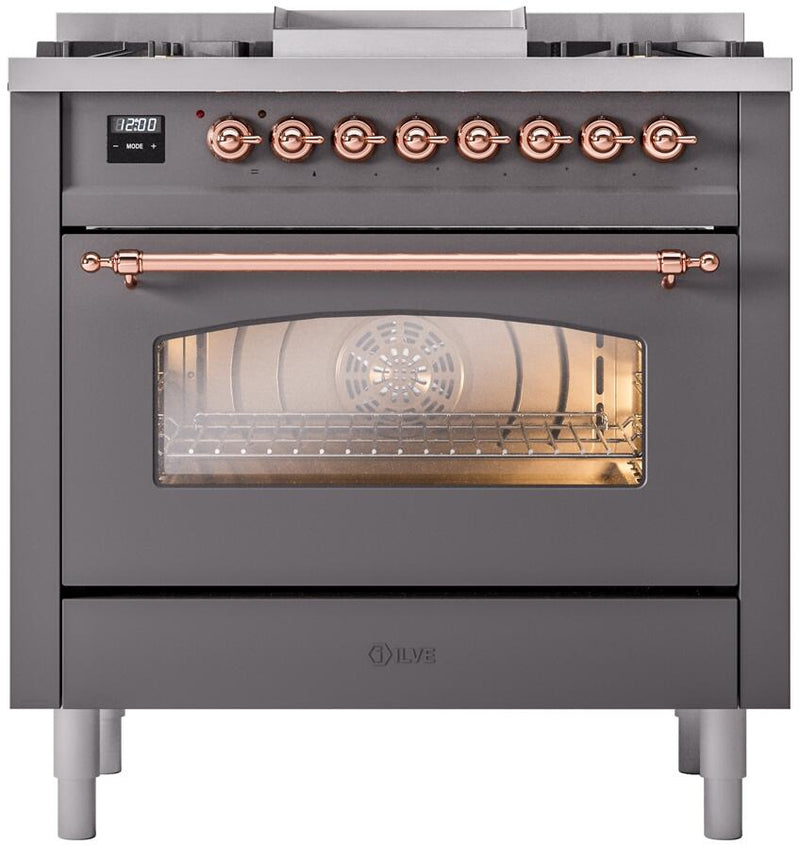 ILVE Nostalgie II 36-Inch Dual Fuel Freestanding Range with Removable Griddle in Matte Graphite with Copper Trim (UP36FNMPMGP)