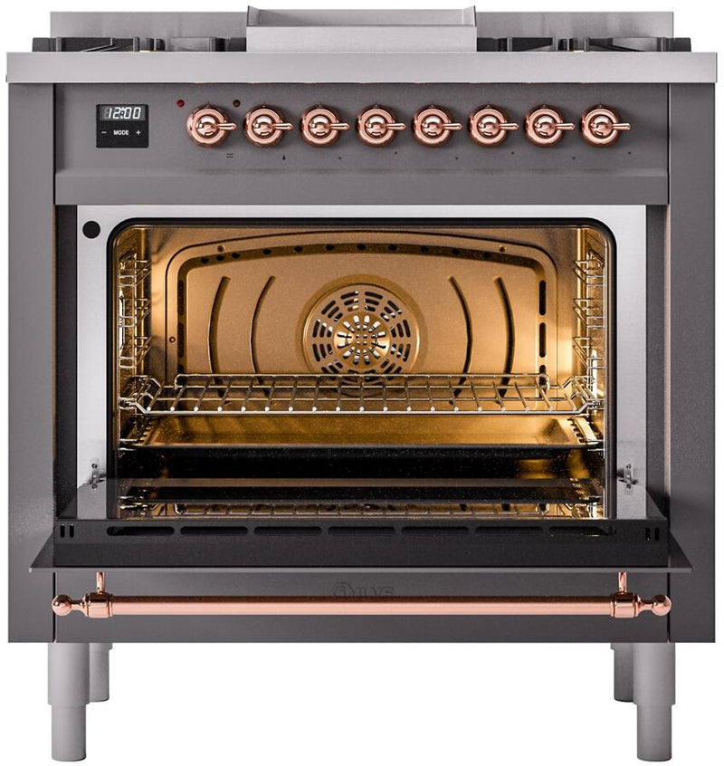 ILVE Nostalgie II 36-Inch Dual Fuel Freestanding Range with Removable Griddle in Matte Graphite with Copper Trim (UP36FNMPMGP)