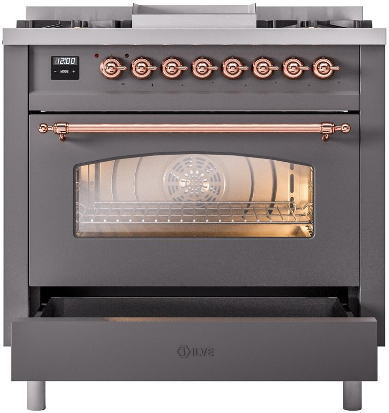 ILVE Nostalgie II 36-Inch Dual Fuel Freestanding Range with Removable Griddle in Matte Graphite with Copper Trim (UP36FNMPMGP)