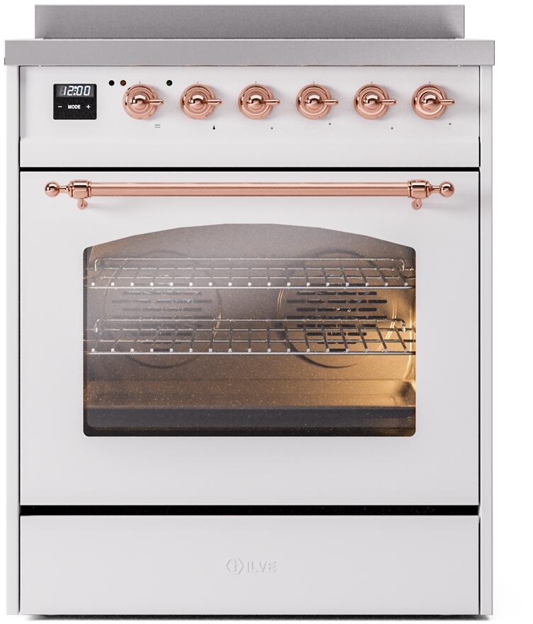 ILVE Nostalgie II 30-Inch Freestanding Electric Induction Range in White with Copper Trim (UPI304NMPWHP)