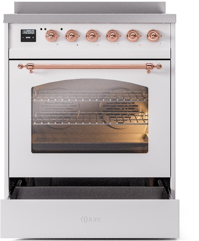 ILVE Nostalgie II 30-Inch Freestanding Electric Induction Range in White with Copper Trim (UPI304NMPWHP)