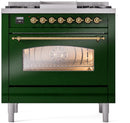 ILVE Nostalgie II 36-Inch Dual Fuel Freestanding Range with Removable Griddle in Emerald Green with Brass Trim (UP36FNMPEGG)