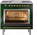 ILVE Nostalgie II 36-Inch Dual Fuel Freestanding Range with Removable Griddle in Emerald Green with Brass Trim (UP36FNMPEGG)