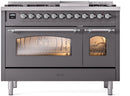 ILVE Nostalgie II 48-Inch Dual Fuel Freestanding Range with Removable Griddle in Matte Graphite with Chrome Trim (UP48FNMPMGC)