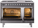 ILVE Nostalgie II 48-Inch Dual Fuel Freestanding Range with Removable Griddle in Matte Graphite with Chrome Trim (UP48FNMPMGC)