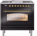 ILVE Nostalgie II 36-Inch Dual Fuel Freestanding Range with Removable Griddle in Glossy Black with Brass Trim (UP36FNMPBKG)