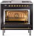 ILVE Nostalgie II 36-Inch Dual Fuel Freestanding Range with Removable Griddle in Glossy Black with Brass Trim (UP36FNMPBKG)