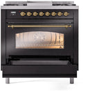 ILVE Nostalgie II 36-Inch Dual Fuel Freestanding Range with Removable Griddle in Glossy Black with Brass Trim (UP36FNMPBKG)