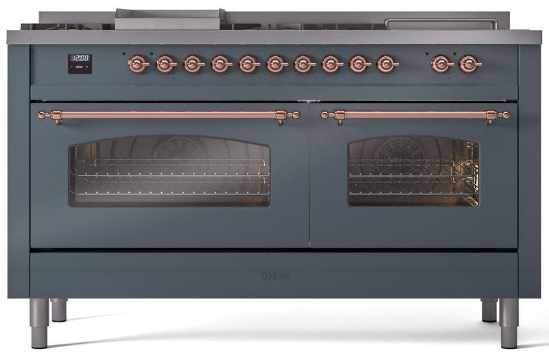 ILVE Nostalgie II 60-Inch Dual Fuel Freestanding Range with Removable Griddle in Blue Grey with Copper Trim (UP60FSNMPBGP)