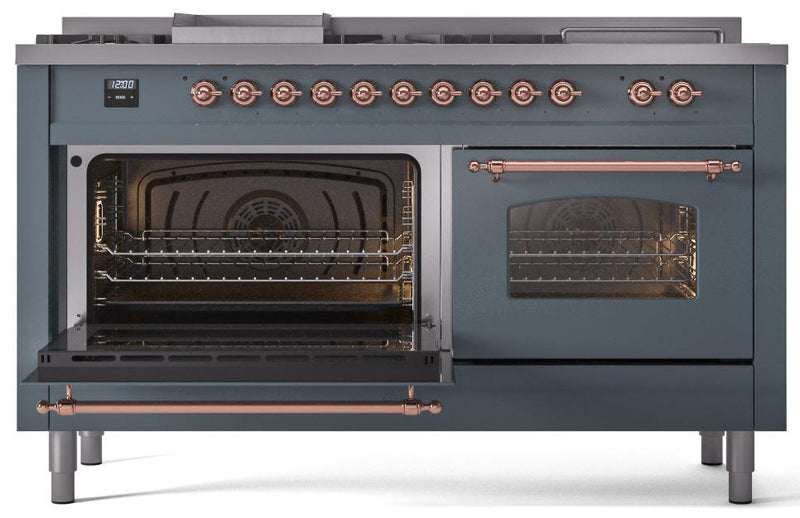 ILVE Nostalgie II 60-Inch Dual Fuel Freestanding Range with Removable Griddle in Blue Grey with Copper Trim (UP60FSNMPBGP)