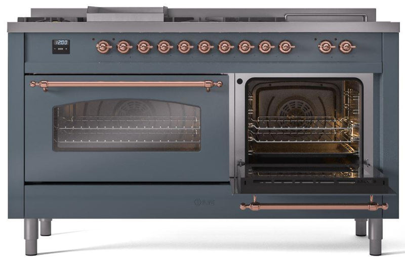 ILVE Nostalgie II 60-Inch Dual Fuel Freestanding Range with Removable Griddle in Blue Grey with Copper Trim (UP60FSNMPBGP)