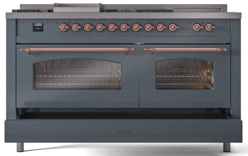 ILVE Nostalgie II 60-Inch Dual Fuel Freestanding Range with Removable Griddle in Blue Grey with Copper Trim (UP60FSNMPBGP)