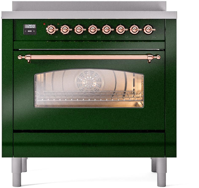 ILVE Nostalgie II 36-Inch Freestanding Electric Induction Range in Emerald Green with Copper Trim (UPI366NMPEGP)