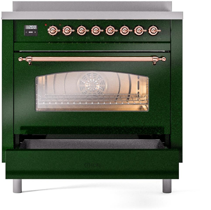 ILVE Nostalgie II 36-Inch Freestanding Electric Induction Range in Emerald Green with Copper Trim (UPI366NMPEGP)