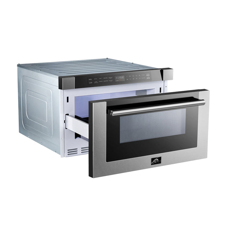 Forno 4-Piece Pro Appliance Package - 36-Inch Dual Fuel Range, 60-Inch Pro-Style Refrigerator, 24-Inch Microwave Drawer, & 3-Rack Dishwasher in Stainless Steel