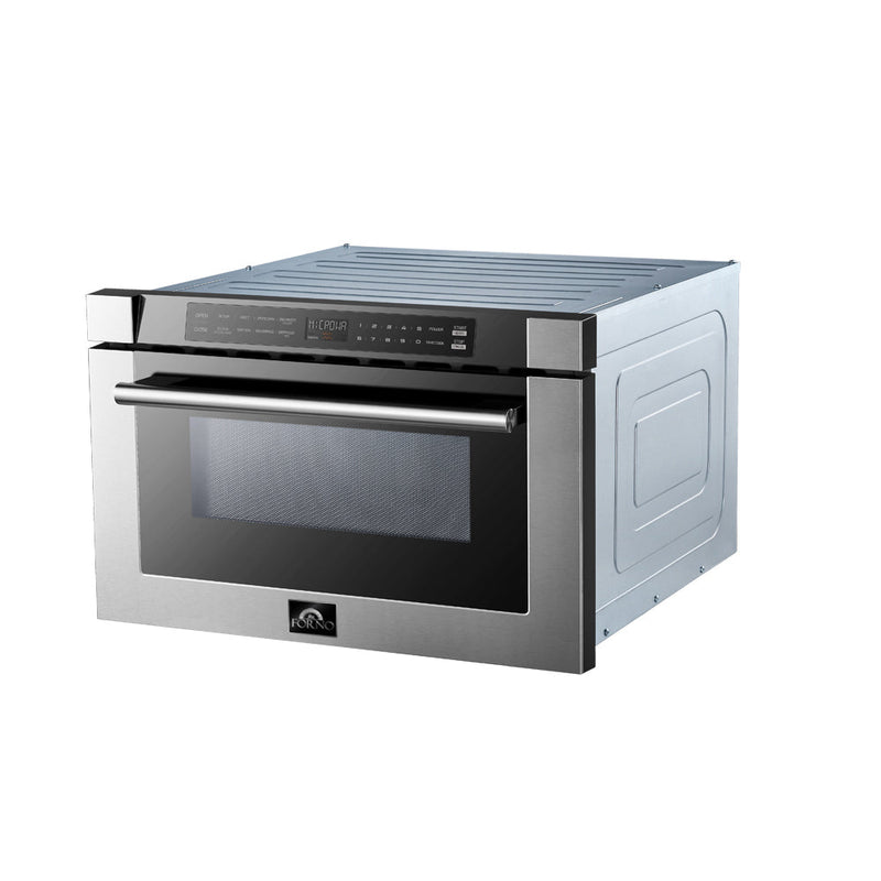Forno 4-Piece Pro Appliance Package - 36-Inch Dual Fuel Range, 60-Inch Pro-Style Refrigerator, 24-Inch Microwave Drawer, & 3-Rack Dishwasher in Stainless Steel