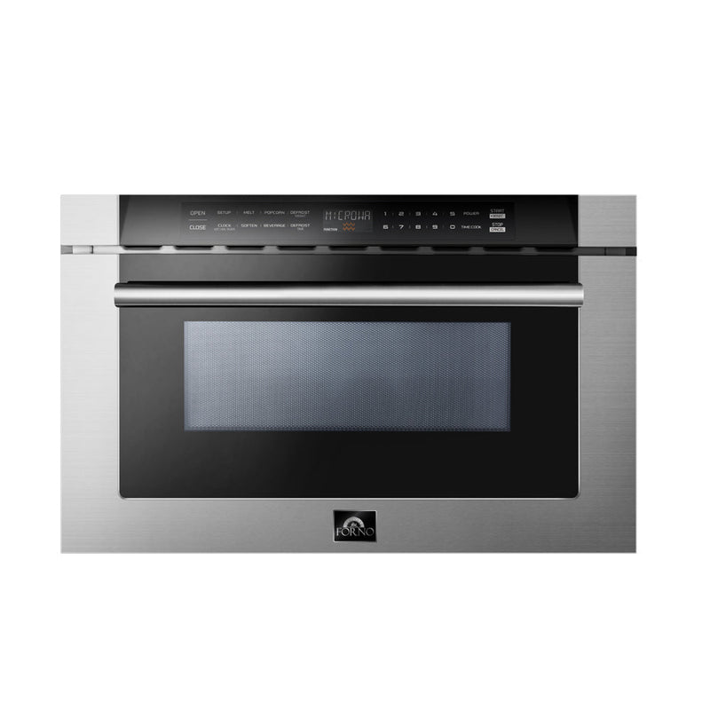 Forno 5-Piece Appliance Package - 36-Inch Electric Range, Wall Mount Range Hood with Backsplash, Pro-Style Refrigerator, Dishwasher, and 24-Inch Microwave Drawer in Stainless Steel