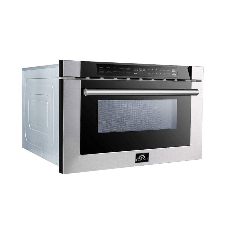 Forno 5-Piece Appliance Package - 30-Inch Electric Range, Wall Mount Range Hood with Backsplash, Pro-Style Refrigerator, Dishwasher, and 24-Inch Microwave Drawer in Stainless Steel