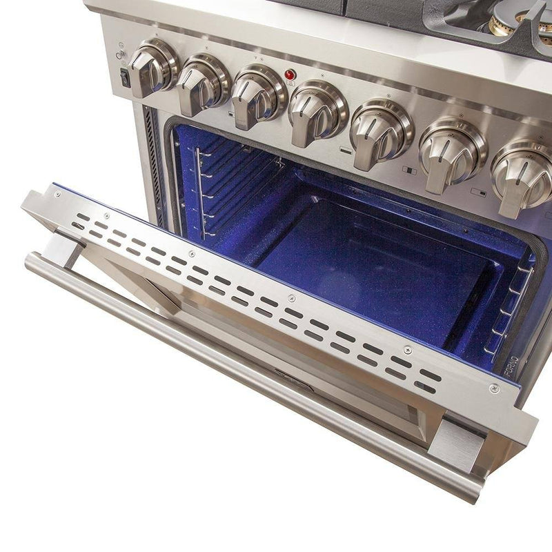 Forno 3-Piece Pro Appliance Package - 30-Inch Gas Range, Refrigerator with Water Dispenser,& Wall Mount Hood with Backsplash in Stainless Steel