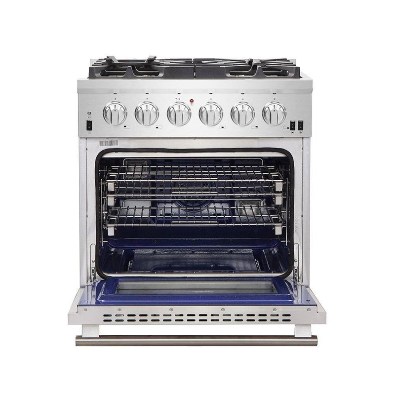 Forno 4-Piece Pro Appliance Package - 30-Inch Gas Range, Refrigerator, 24-Inch Microwave Drawer, & 3-Rack Dishwasher in Stainless Steel