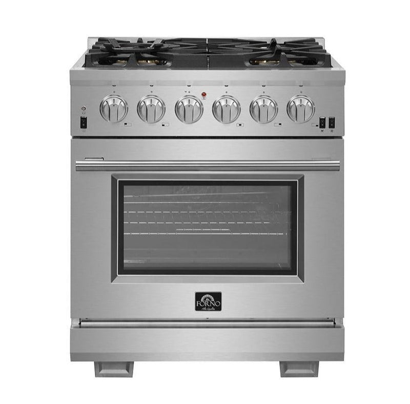 Forno 4-Piece Pro Appliance Package - 30-Inch Gas Range, Refrigerator, 24-Inch Microwave Drawer, & 3-Rack Dishwasher in Stainless Steel