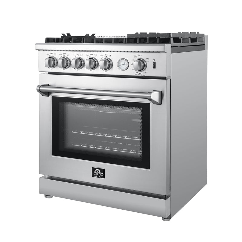 Forno 4-Piece Appliance Package - 30-Inch Gas Range with Air Fryer, 60-Inch Pro-Style Refrigerator, Microwave Oven, & 3-Rack Dishwasher in Stainless Steel