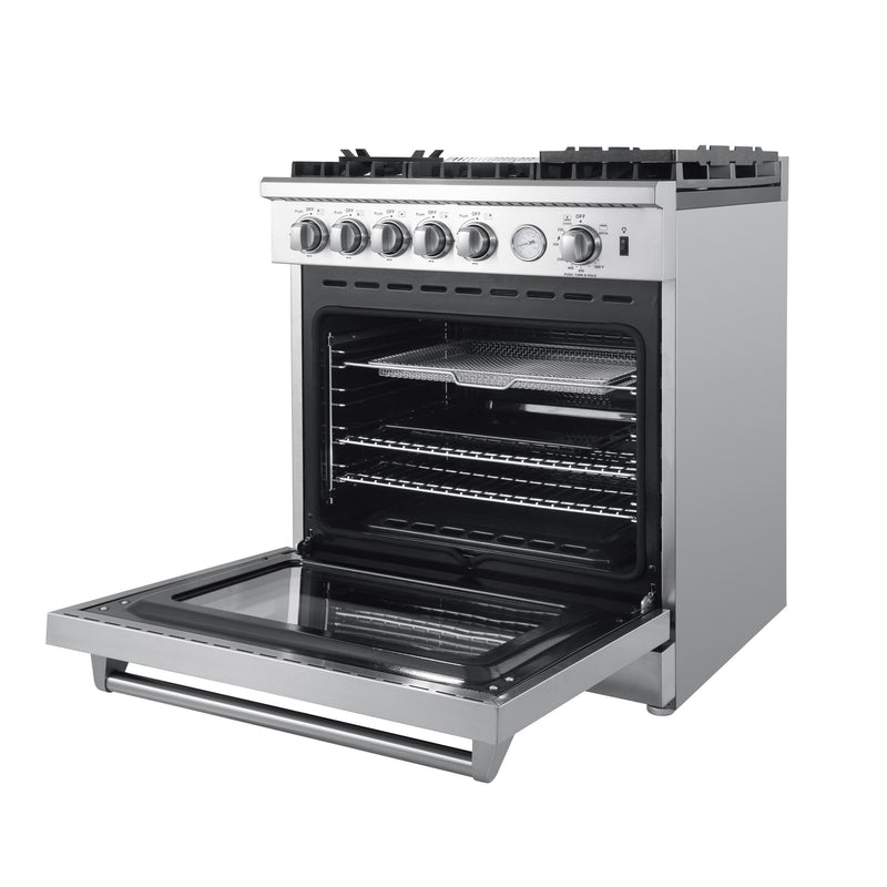 Forno 4-Piece Appliance Package - 30-Inch Gas Range with Air Fryer, 60-Inch Pro-Style Refrigerator, Microwave Oven, & 3-Rack Dishwasher in Stainless Steel