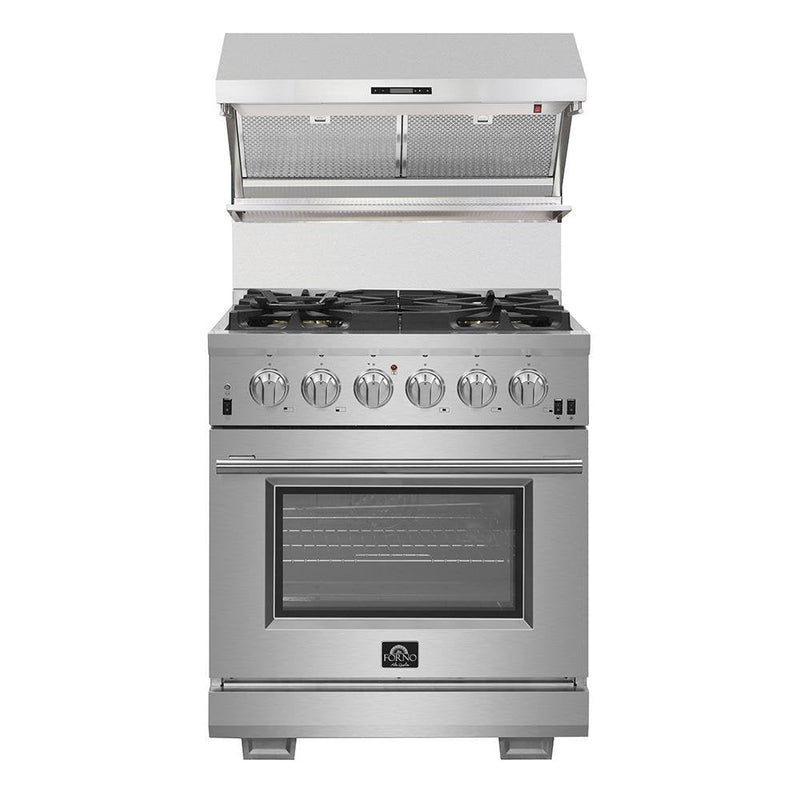 Forno 5-Piece Pro Appliance Package - 30-Inch Gas Range, Refrigerator with Water Dispenser, Wall Mount Hood with Backsplash, 24-Inch Microwave Drawer, & 3-Rack Dishwasher in Stainless Steel