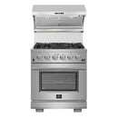Forno 5-Piece Pro Appliance Package - 30-Inch Gas Range, 60-Inch Pro-Style Refrigerator, Wall Mount Hood with Backsplash, 24-Inch Microwave Drawer, & 3-Rack Dishwasher in Stainless Steel