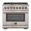 Forno 5-Piece Pro Appliance Package - 36-Inch Dual Fuel Range, Refrigerator, Wall Mount Hood with Backsplash, 24-Inch Microwave Oven, & 3-Rack Dishwasher in Stainless Steel