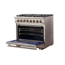 Forno 5-Piece Pro Appliance Package - 36-Inch Dual Fuel Range, Refrigerator, Wall Mount Hood with Backsplash, 24-Inch Microwave Oven, & 3-Rack Dishwasher in Stainless Steel