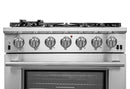 Forno 5-Piece Pro Appliance Package - 36-Inch Gas Range, Refrigerator with Water Dispenser, Wall Mount Hood with Backsplash, 24-Inch Microwave Drawer, & 3-Rack Dishwasher in Stainless Steel