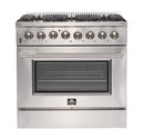 Forno 5-Piece Appliance Package - 36-Inch Dual Fuel Range, 60-Inch Pro-Style Refrigerator, Wall Mount Hood, 24-Inch Microwave Oven, & 3-Rack Dishwasher in Stainless Steel
