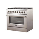 Forno 4-Piece Appliance Package - 36-Inch Dual Fuel Range, Refrigerator with Water Dispenser, Wall Mount Hood, & 3-Rack Dishwasher in Stainless Steel