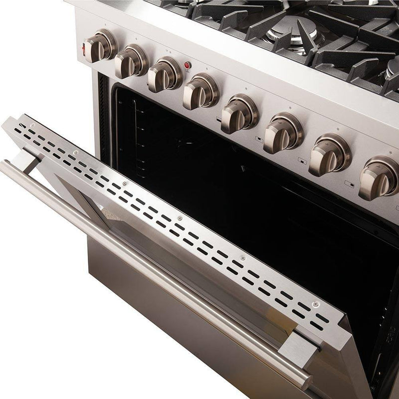 Forno 5-Piece Appliance Package - 36-Inch Dual Fuel Range, 60-Inch Pro-Style Refrigerator, Wall Mount Hood, 24-Inch Microwave Drawer, & 3-Rack Dishwasher in Stainless Steel