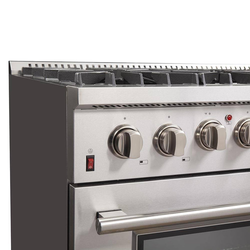 Forno 5-Piece Appliance Package - 36-Inch Dual Fuel Range, 60-Inch Pro-Style Refrigerator, Wall Mount Hood, 24-Inch Microwave Drawer, & 3-Rack Dishwasher in Stainless Steel