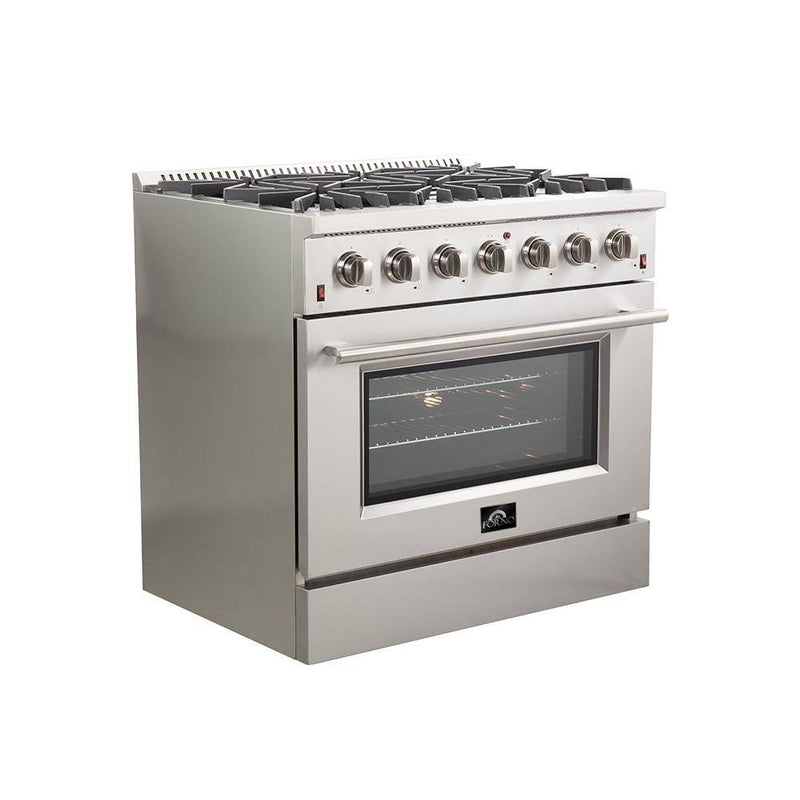Forno 3-Piece Appliance Package - 36-Inch Galiano Gas Range, 36-Inch Refrigerator, & Dishwasher in Stainless Steel