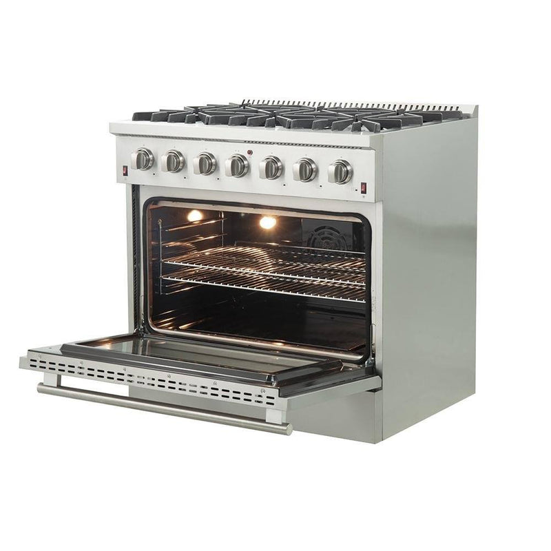 Forno 3-Piece Appliance Package - 36-Inch Galiano Gas Range, 36-Inch Refrigerator, & Dishwasher in Stainless Steel