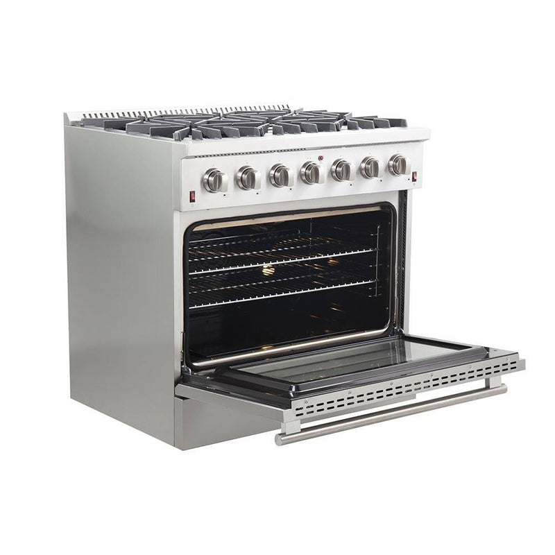 Forno 3-Piece Appliance Package - 36-Inch Galiano Gas Range, 36-Inch Refrigerator, & Dishwasher in Stainless Steel