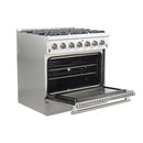 Forno 5-Piece Appliance Package - 36-Inch Gas Range, Refrigerator with Water Dispenser, Wall Mount Hood, 24-Inch Microwave Oven, & 3-Rack Dishwasher in Stainless Steel