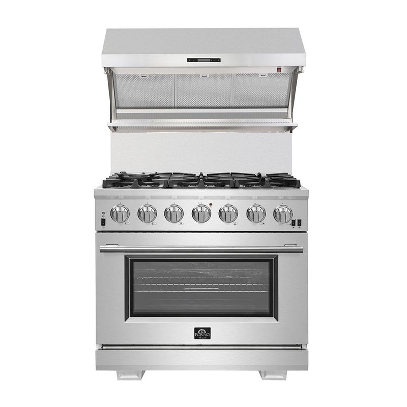 Forno 5-Piece Appliance Package - 36-Inch Electric Range, Wall Mount Range Hood with Backsplash, French Door Refrigerator, Dishwasher, and 24-Inch Microwave Oven in Stainless Steel