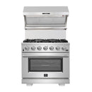 Forno 3-Piece Appliance Package - 36-Inch Gas Range, 60-Inch Pro-Style Refrigerator & Wall Mount Hood with Backsplash in Stainless Steel