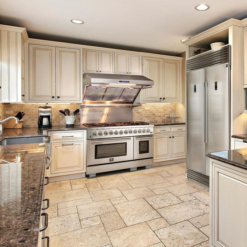 Forno 3-Piece Pro Appliance Package - 48-Inch Dual Fuel Range, Pro-Style Refrigerator, and Dishwasher in Stainless Steel