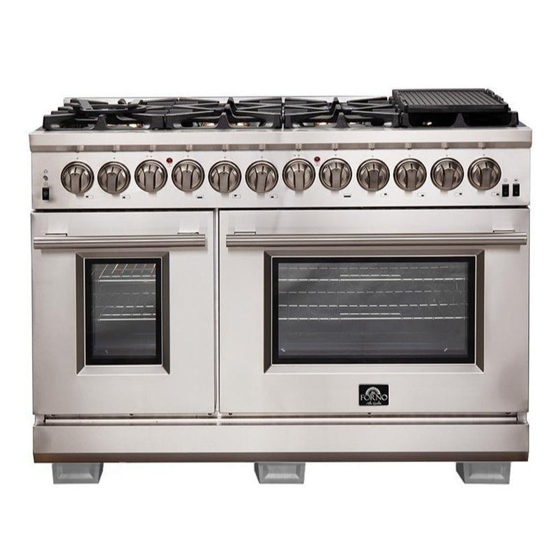 Forno 3-Piece Pro Appliance Package - 48-Inch Dual Fuel Range, Pro-Style Refrigerator, and Dishwasher in Stainless Steel