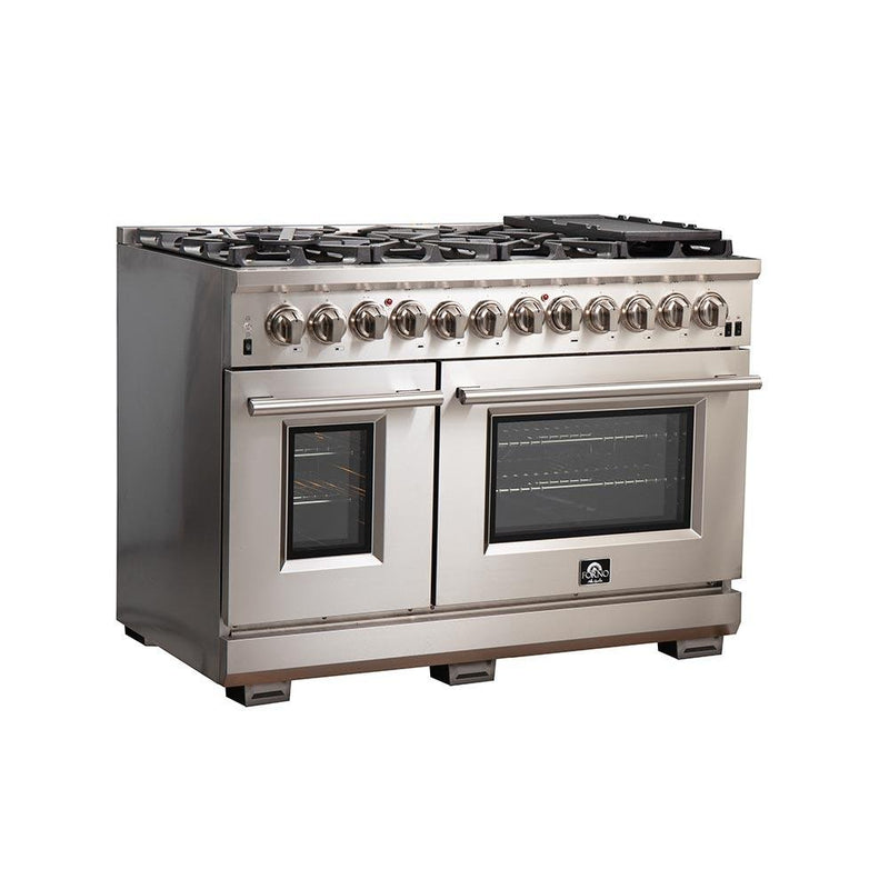 Forno 3-Piece Pro Appliance Package - 48-Inch Dual Fuel Range, Pro-Style Refrigerator, and Dishwasher in Stainless Steel