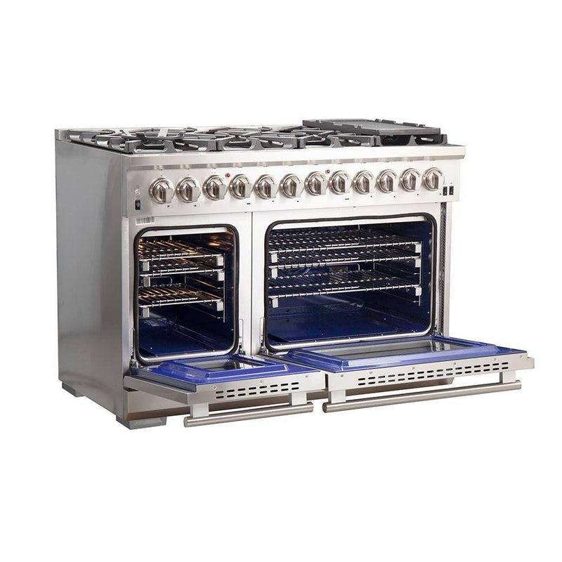 Forno 5-Piece Pro Appliance Package - 48-Inch Dual Fuel Range, 60-Inch Pro-Style Refrigerator, Wall Mount Hood with Backsplash, 24-Inch Microwave Drawer, & 3-Rack Dishwasher in Stainless Steel