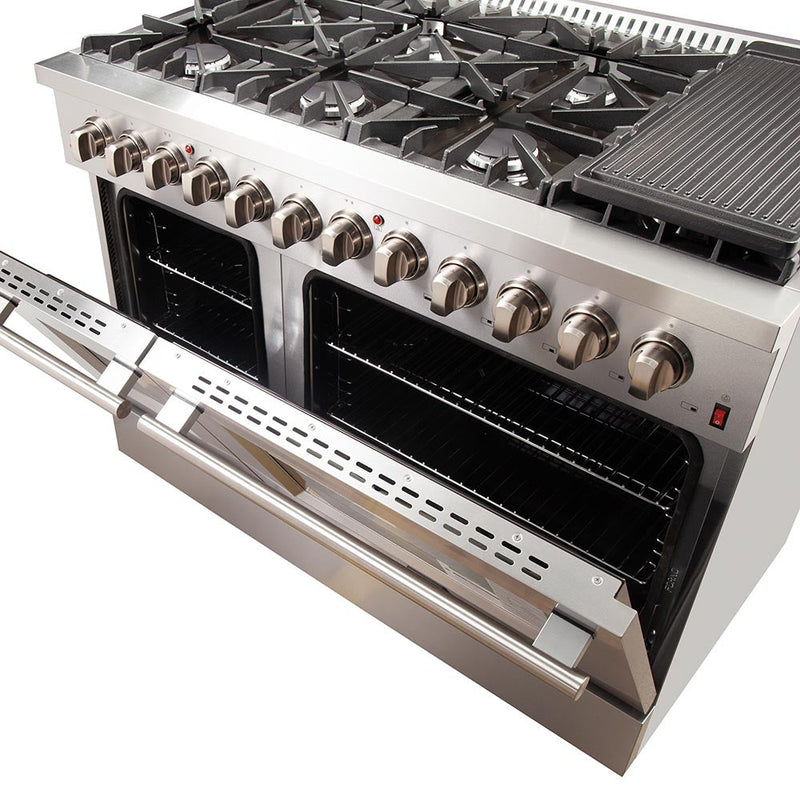 Forno 2-Piece Appliance Package - 48-Inch Galiano Dual Fuel Range, Wall Mount Range Hood with Backsplash & 60-Inch Refrigerator in Stainless Steel